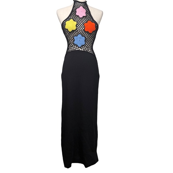 STAUD Jacqueline Maxi Dress Crochet Knit Halter Open Back Black Boho Beach - Picture 1 of 10